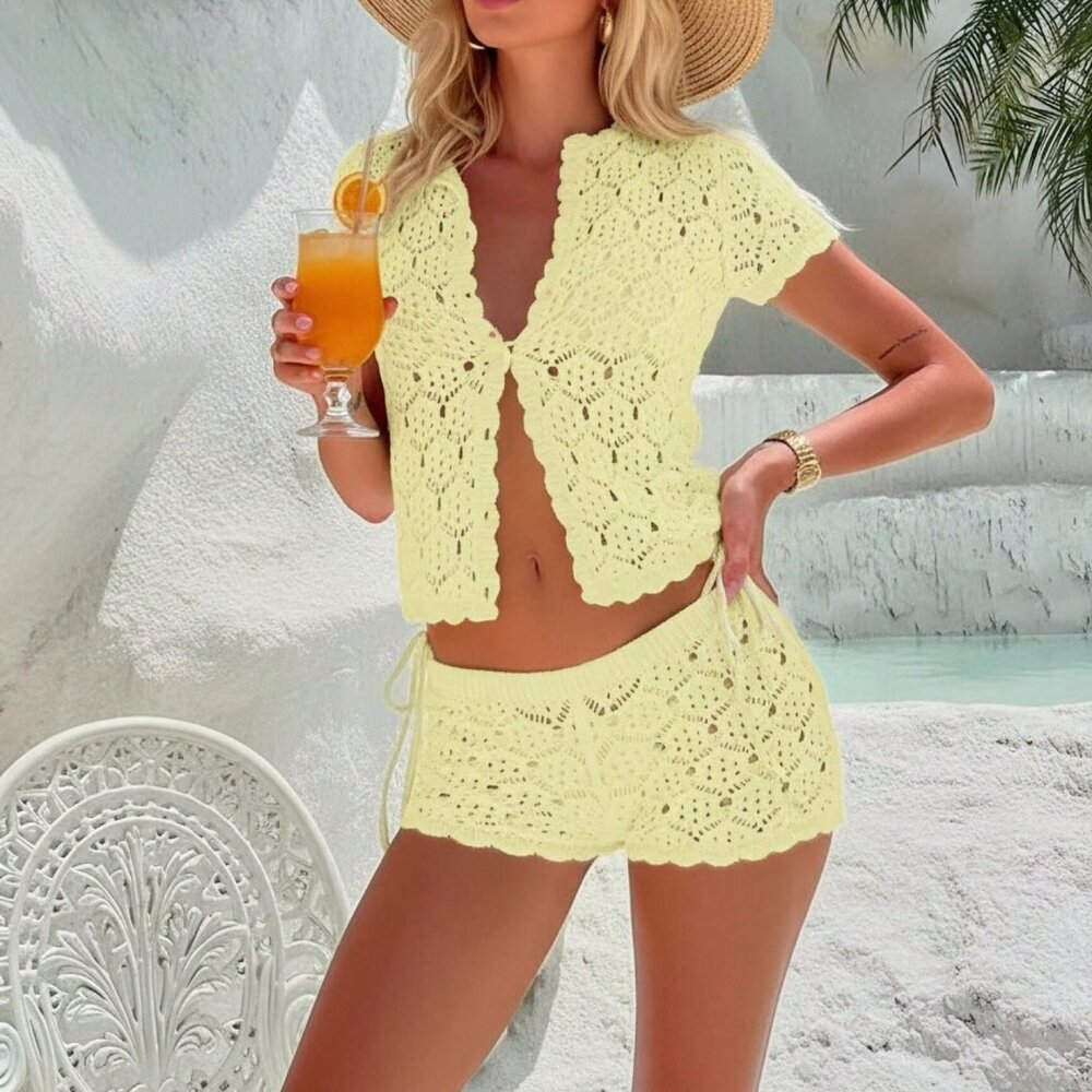 Light Yellow Casual Women's Crochet Mesh Beach Cover Up and Shorts Set - Picture 6 of 8
